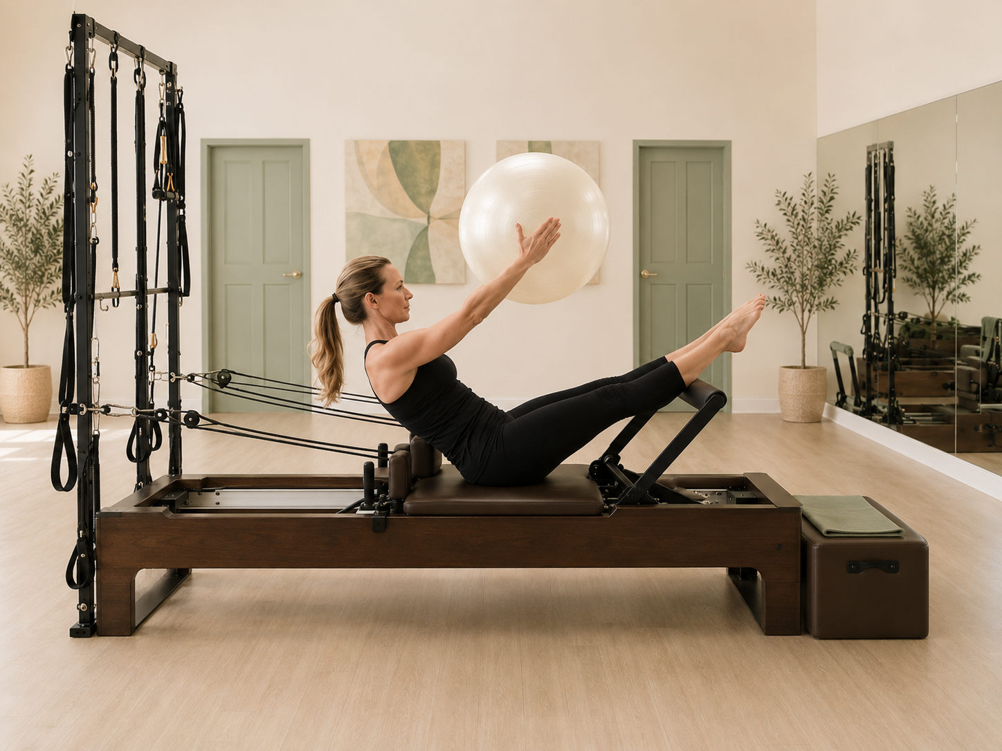 Woman exercising on Pilates reformer with ball.